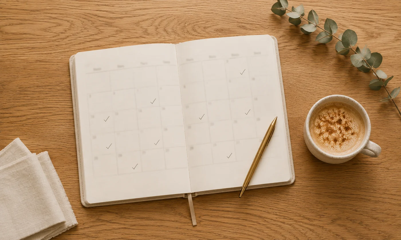 Overhead flatlay of a monthly planner open on a warm oak desk with soft check marks tracking a 30-day AI search visibility plan, beside a cortadito coffee cup and dried eucalyptus