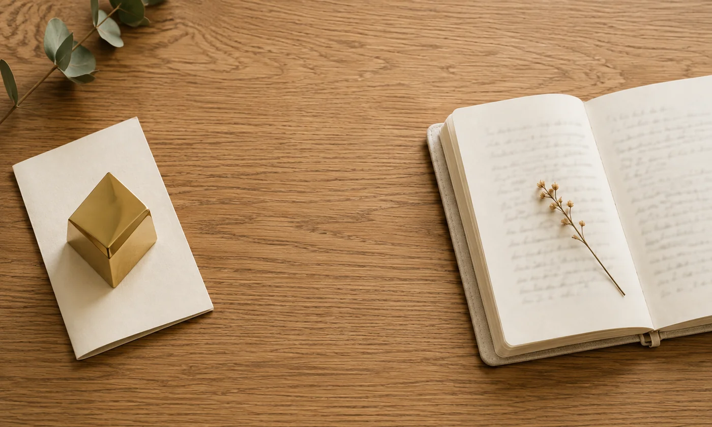 Two objects on a warm oak desk ● a polished gold geometric object on cardstock (paid placement) beside an open handwritten notebook with a pressed dried flower (organic citation) ● an editorial metaphor for paid ads versus organic AI visibility