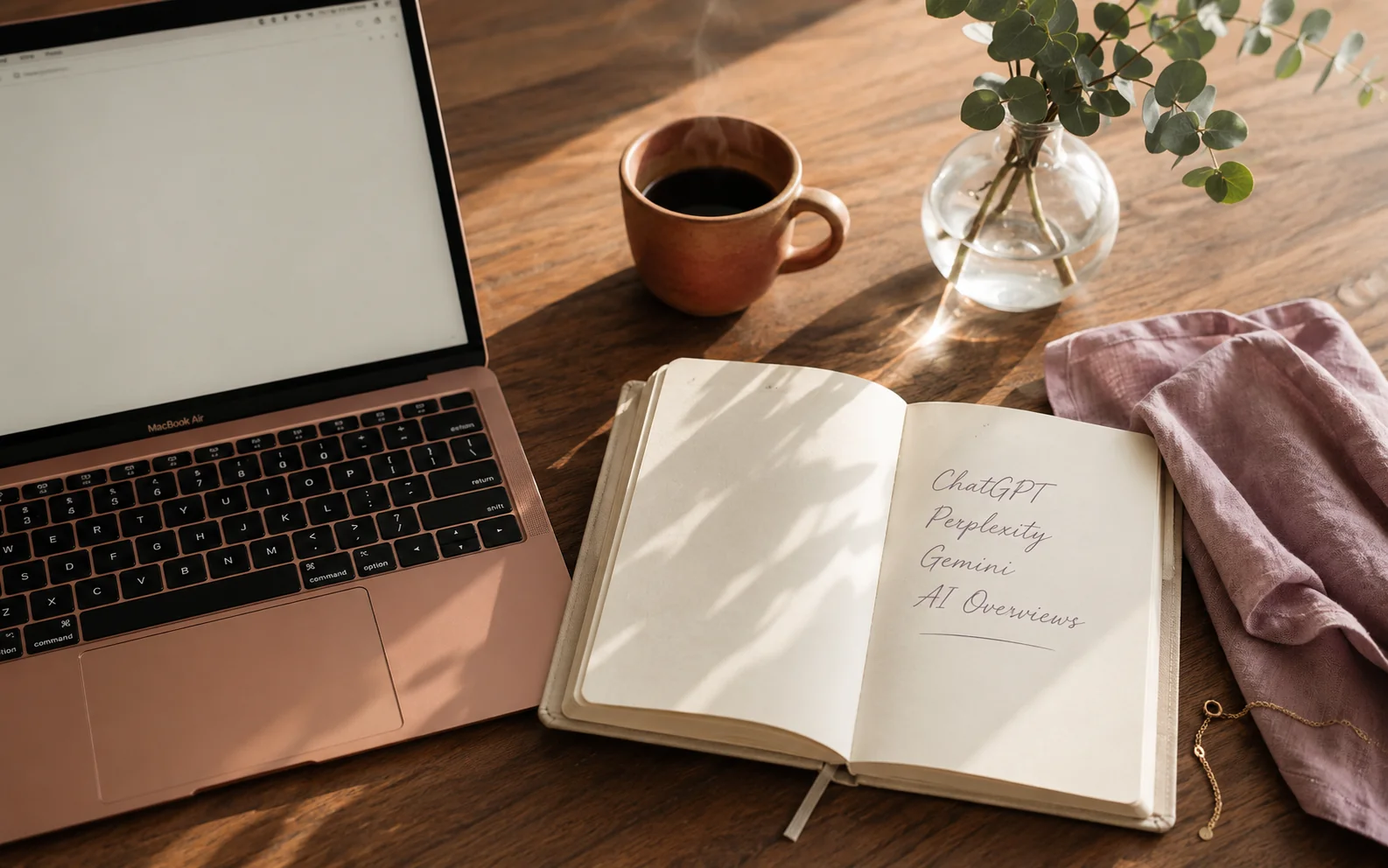 A rose gold MacBook beside an open notebook with handwritten 'ChatGPT, Perplexity, Gemini, AI Overviews' and a coffee cup, illustrating the four AI engines that matter most in 2026