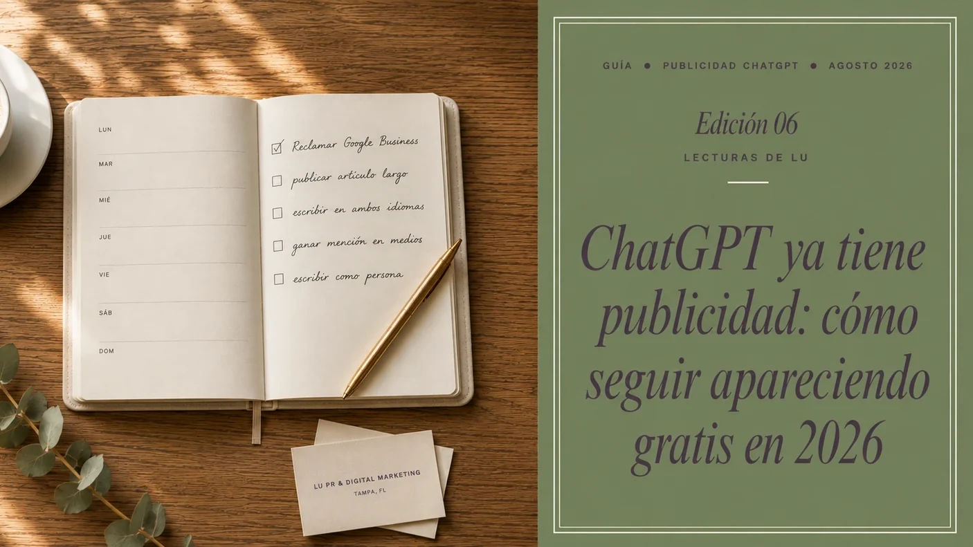 ChatGPT ya tiene publicidad ● Portada editorial de la guía de Lu PR sobre cómo seguir apareciendo gratis en ChatGPT en 2026