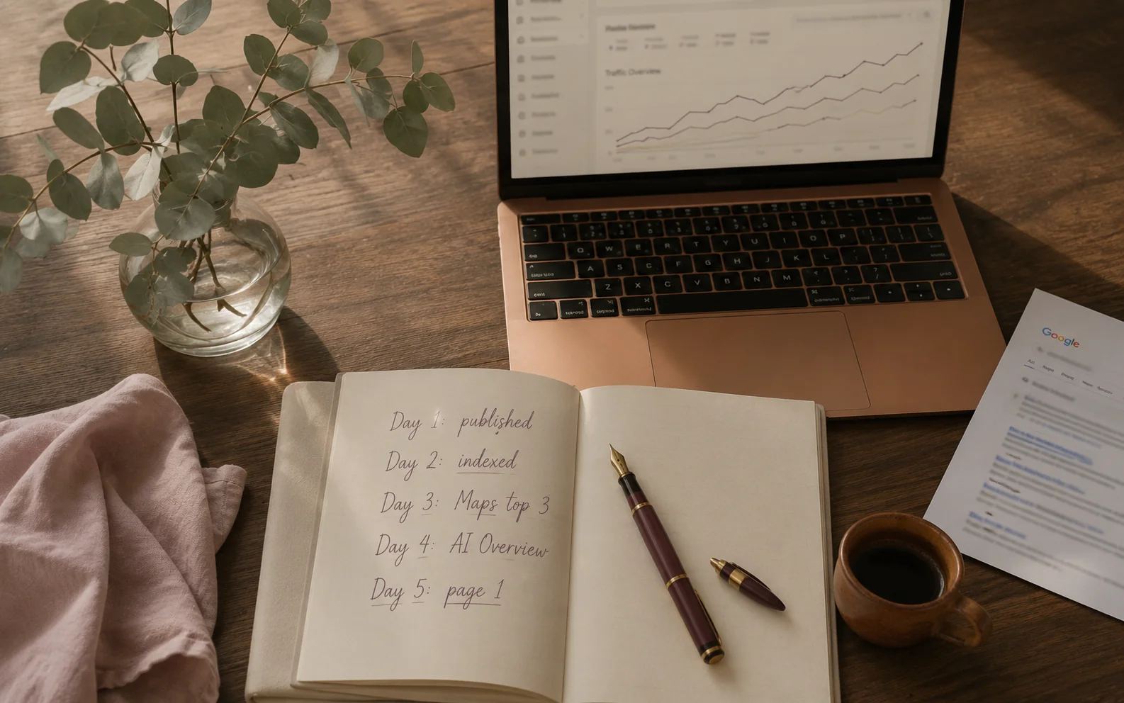 A founder's workspace showing a handwritten day-by-day timeline of the 5-day case study ● Day 1 published, Day 2 indexed, Day 3 Maps top 3, Day 4 AI Overview, Day 5 page 1