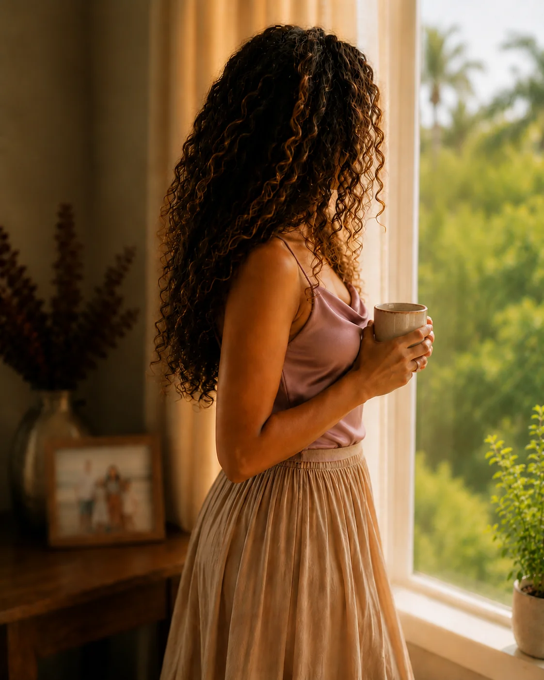 Audra Espinoza, founder of Lu PR & Digital Marketing, holding a ceramic coffee mug and facing a window overlooking palm trees in warm morning light ● a quiet portrait of a bilingual Latina founder in Tampa