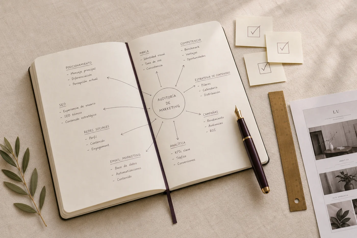 Flat lay editorial de cuaderno con estrategia de marketing handwritten, fuente de plumin y sticky notes con checkmarks ● imagen del proceso de diagnóstico de marketing