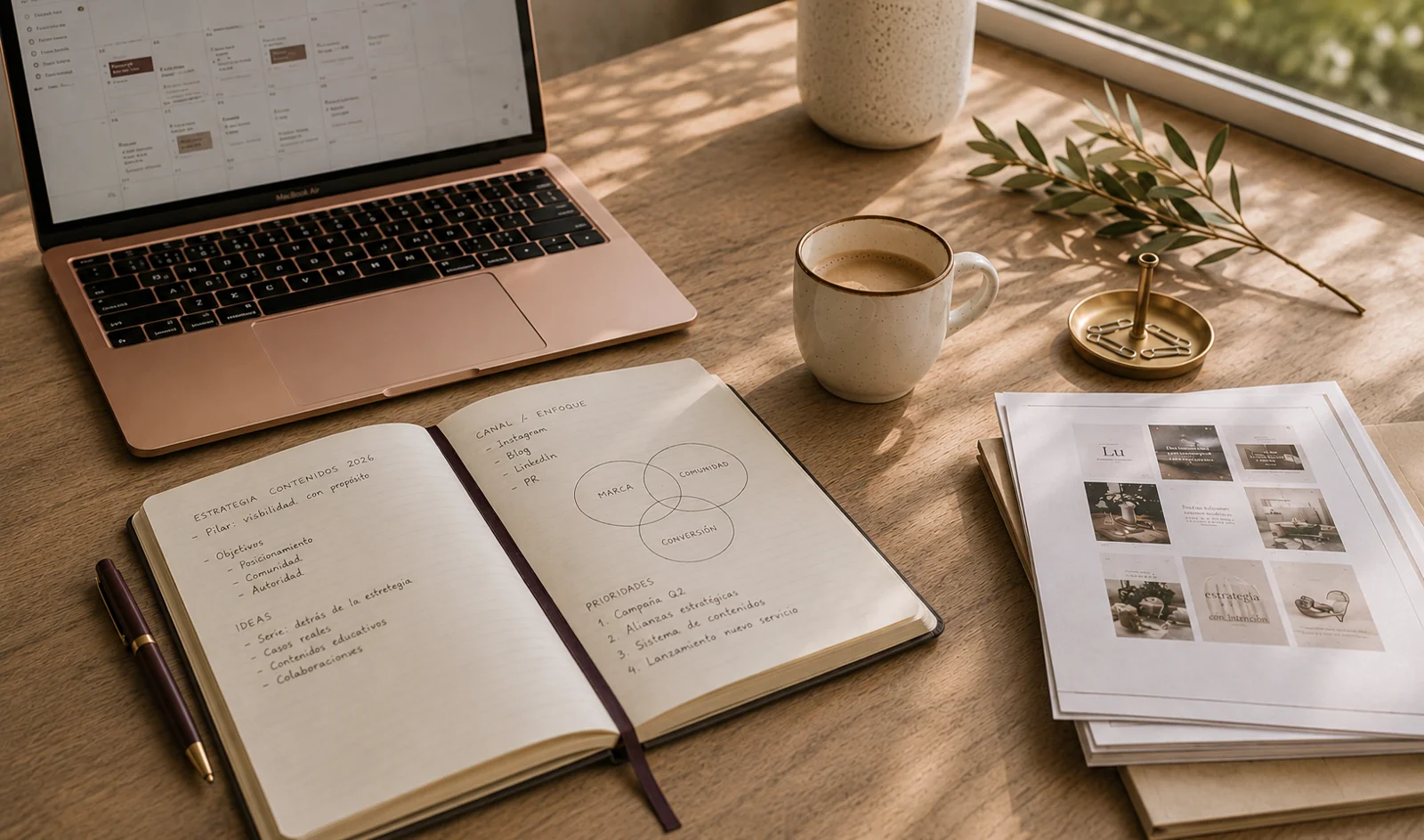 Workspace editorial con laptop, cuaderno con estrategia de marketing y café de mañana ● foto de portada del blog de Lu PR sobre por qué tu marketing no trae clientes