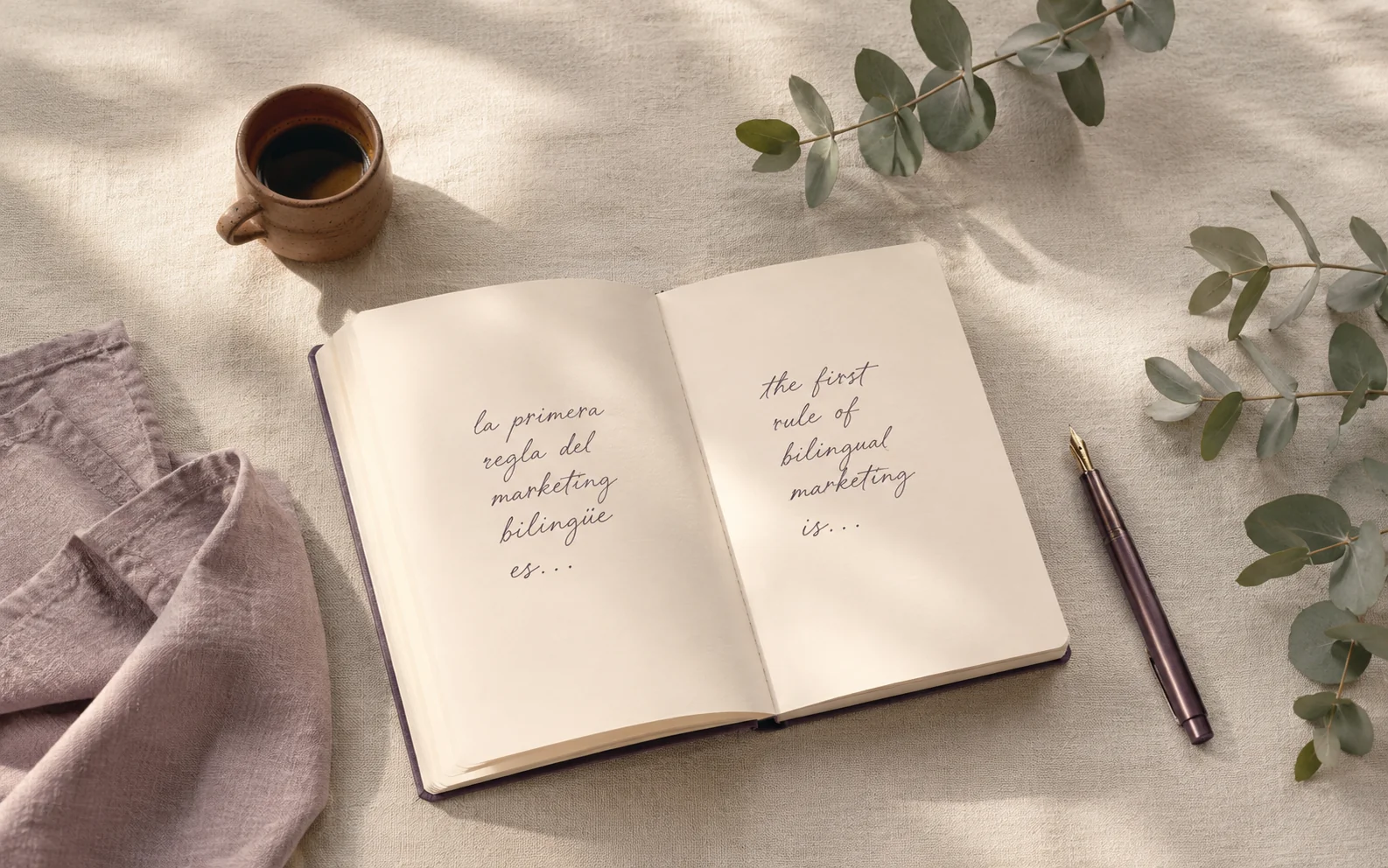 An open bilingual notebook with handwritten Spanish and English, eucalyptus, and morning coffee