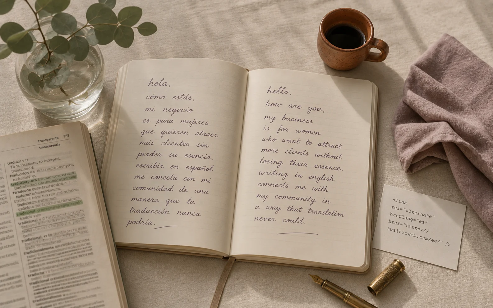 Un cuaderno abierto mostrando contenido nativo en español en una página y inglés natural en la otra, con código hreflang visible cerca ● fotografía editorial ilustrando contenido bilingüe bien hecho
