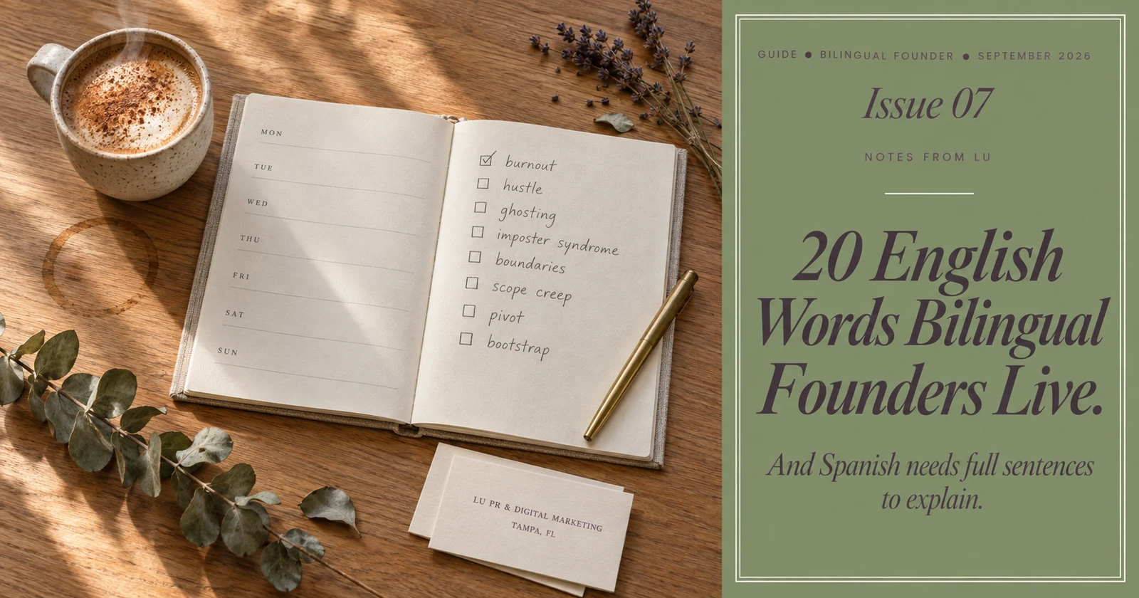 20 English Words Bilingual Founders Live ● Editorial cover of the bilingual founder vocabulary guide by Lu PR