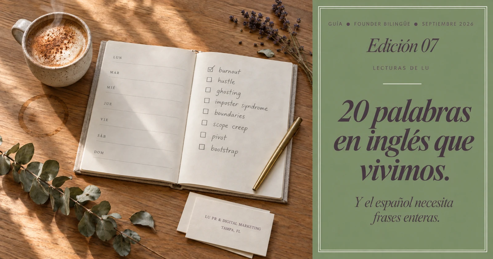 20 palabras en inglés que vivimos las founders bilingues ● Portada editorial de la guía de vocabulario founder bilingue de Lu PR