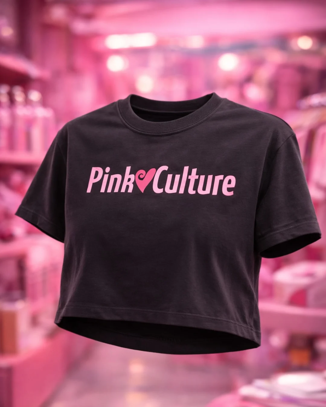 Camiseta negra de Pink Culture en una campaña visual rosada