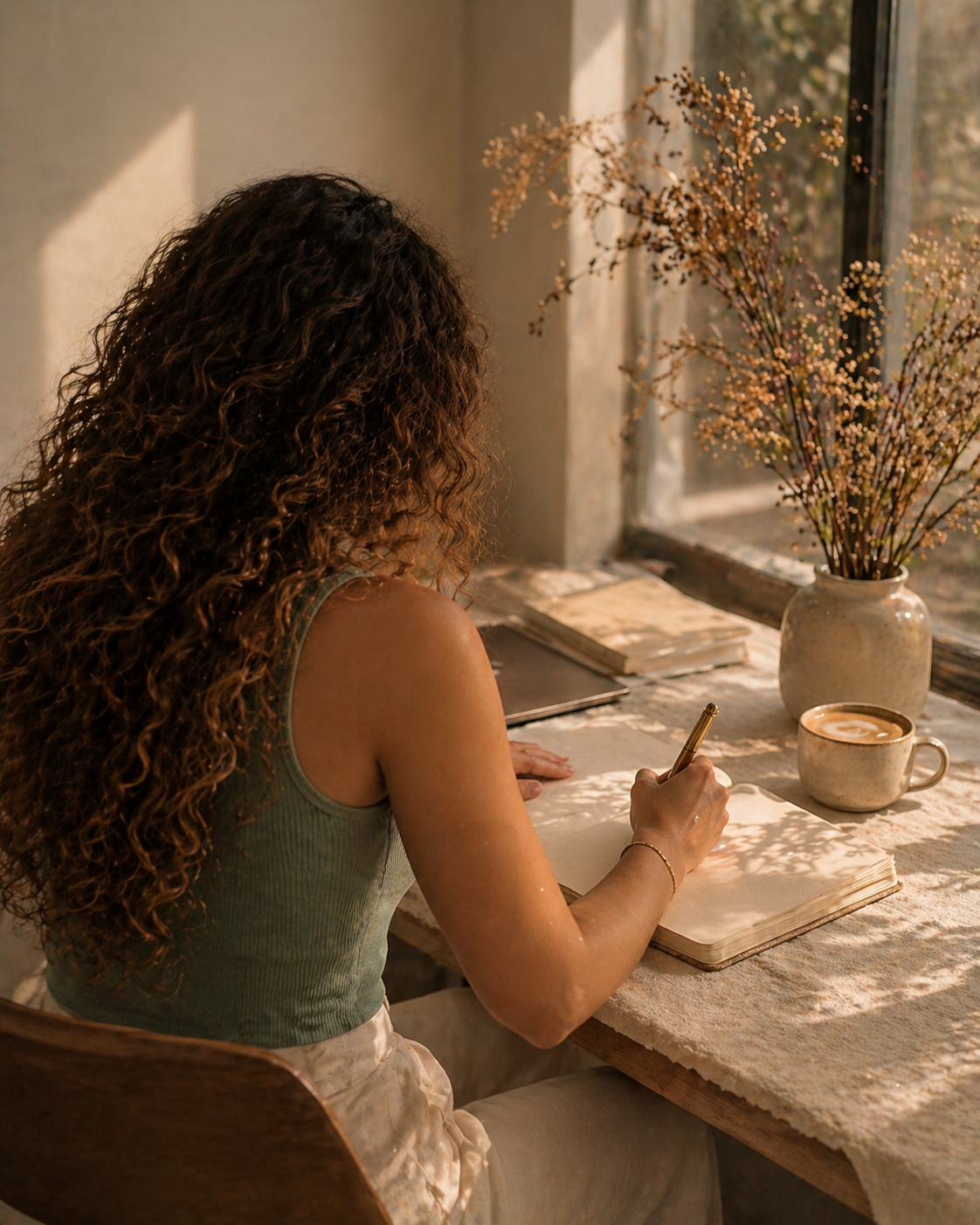 Faceless founder portrait, sage green tank top, editorial natural light